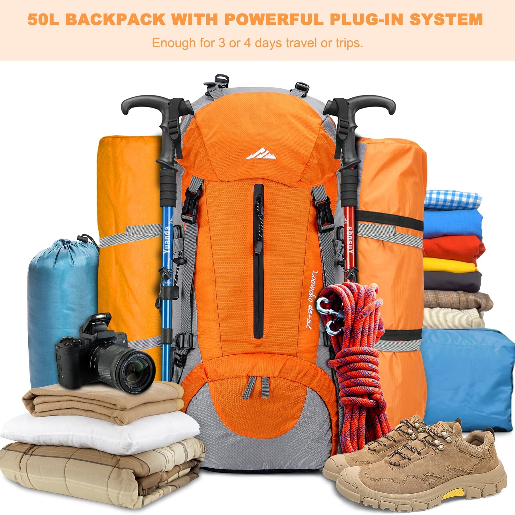 Loowoko hiking backpack 50l travel camping backpack with rain cover outlet